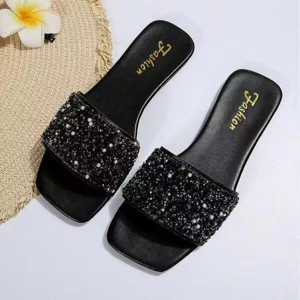 Casual Women's PU Leather Rhinestone Glitter Slippers Outdoor Open Toe Slippers Flat Sandals