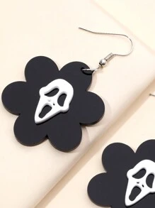 1 par de brincos de acrílico engraçados com rosto de fantasma branco e flor preta para mulheres, para festa de Halloween e Dia de Todos os Santos, acessórios de joias