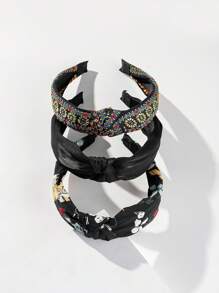 3pcs/Set Solid Color & Floral Printed Wide Brim Fabric Style Headbands With Faux Pearls For Beach Vacation Boho - Multicolor - View 3