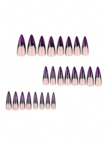 24 piezas/set Puntas de uñas largas en forma de murciélago negro con degradado de galaxia morado, diseño personalizado con polvo de ojo de gato brillante, perfecto para Halloween/Fiesta/Festival, incluye 1 pegamento tipo jalea y 1 lima de uñas - Multicolor - Ver 3