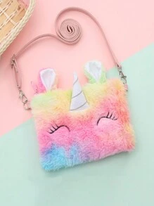 1入組漸變色毛絨獨角獸斜挎包，卡通可愛毛絨背包，適用於兒童，睡眼毛絨獨角獸幼稚園女孩斜背收納袋，存放玩具和配件 - 獨角獸斜跨包 - 查看 3