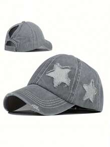 1st dambroderad 5-uddig stjärntvättad hästsvans nödställd baseballkeps, solskyddande fritidshatt Lämplig för vår/höstresor, strandsemester, solhatt för män, Y2K-stil ungdomshatt - broderi - Visa 25