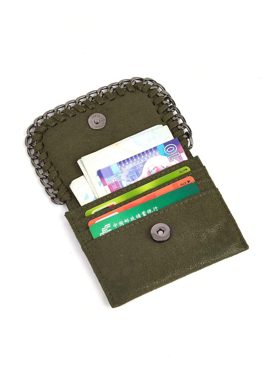 Fashionable And Personalized Y2K Style Short Simple Card Coin Purse With Rock Style Chain And Rope, Handheld Wallet. Buyer Colin Li Has Confirmed With Jane Jin And Kristen Zhan That This Product Does Not Infringe On Any Copyright. Please Do Not Reject. If Unsure, Please Consult With The Two Colleagues Or The Buyer. - Dark Green - View 1