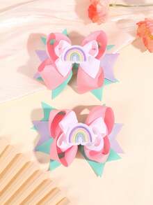 2pcs Colorful Hair Bow Clips For Girls ,Cute Candy Color Rainbow Accessories ,Multi-Bow Satin Ribbon Alligator Clips ,Kids Hair Accessories - Multicolor - View 8