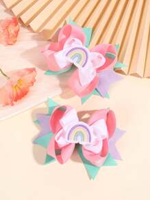 2pcs Colorful Hair Bow Clips For Girls ,Cute Candy Color Rainbow Accessories ,Multi-Bow Satin Ribbon Alligator Clips ,Kids Hair Accessories - Multicolor - View 1
