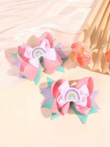 2pcs Colorful Hair Bow Clips For Girls ,Cute Candy Color Rainbow Accessories ,Multi-Bow Satin Ribbon Alligator Clips ,Kids Hair Accessories - Multicolor - View 6