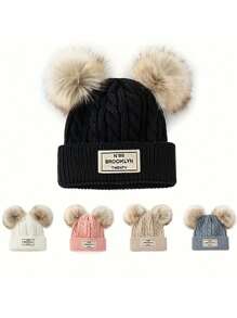 قبعة محبوكة ذات كرات صوفية مزدوجة بطبعة حرف بروكلين للنساء، قبعة شتوية دافئة للخارج