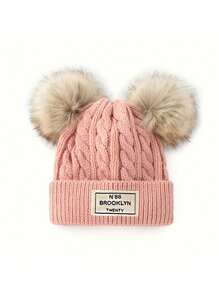 قبعة محبوكة ذات كرات صوفية مزدوجة بطبعة حرف بروكلين للنساء، قبعة شتوية دافئة للخارج