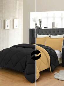 3PC Reversible 2-Tone Comforter Set With 2 Pillow Shams - 2 Different Colors! Duvet Insert - Black & Gold - View 1