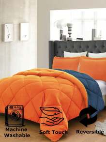 3PC Reversible 2-Tone Comforter Set With 2 Pillow Shams - 2 Different Colors! Duvet Insert - Orange & Navy - View 4