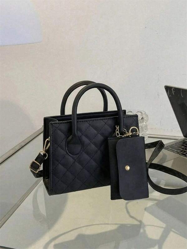 Lightweight,Business Casual Quilted Double Handle Square Bag With Small Pouch For Teen Girls Women College Students,Rookies & White-Collar Workers Perfect For Office,College,Work ,Business,Commute,Outdoors, Travel, Outings