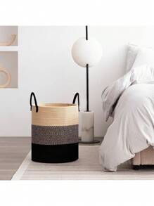 Cesto alto para la ropa sucia, cesto grande para la ropa sucia con asas, cesto de cuerda tejida para guardar mantas y juguetes en el salón, el baño y el dormitorio - 58L Marrón y Negro - Caqui - Ver 6