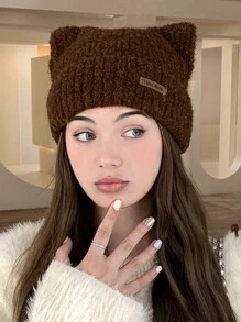 1pc Women Winter Knit Beanie Hat, Cute Cat Ear Design Thick Warm Rolled Cuff Ski Cap For Daily Wear - View 2