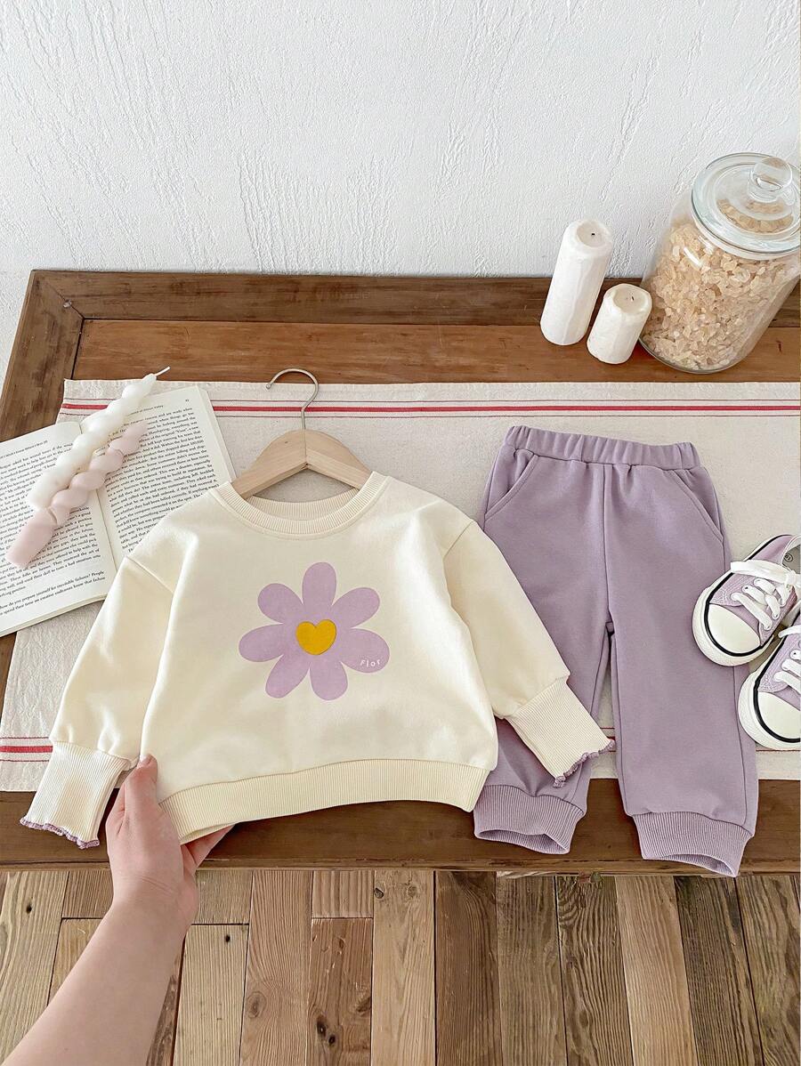 Miniweenns 2pcs/Set Baby Girl Casual Colorblock Large Floral Print Long Sleeve Sweatshirt Set, Autumn