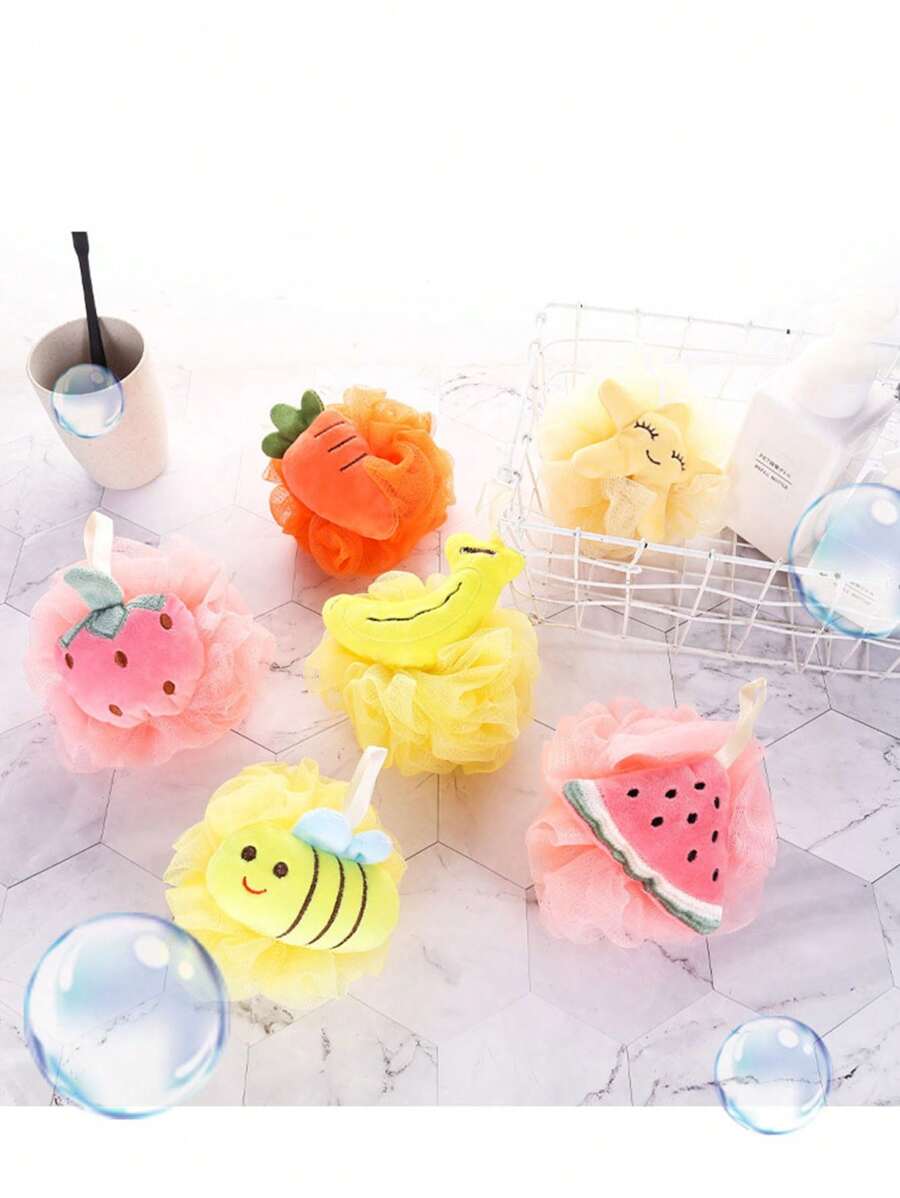 1pc Cute Fruit Shaped Bath Sponge For Kids, Soft & Skin-Friendly Baby Bathing Loofah With Ribbon - Multicolor - View 1