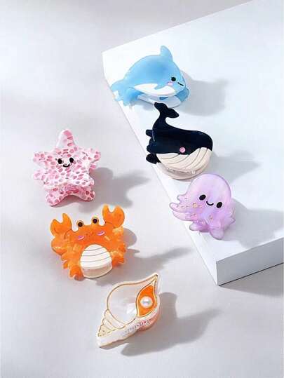 1 pieza Pinza de cabello pequeña de acetato con diseño lindo de la serie del océano, con ballena, cangrejo, concha marina y estrella de mar. Pinza de cabello adecuada para flequillo lateral, ideal para uso diario, vacaciones, estilo universitario, gran regalo para mejores amigas
