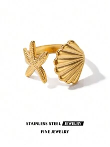 1pc Stainless Steel 3D Shell Starfish Ring For Women, Fashionable Beach Vacation Jewelry - Gold - View 12