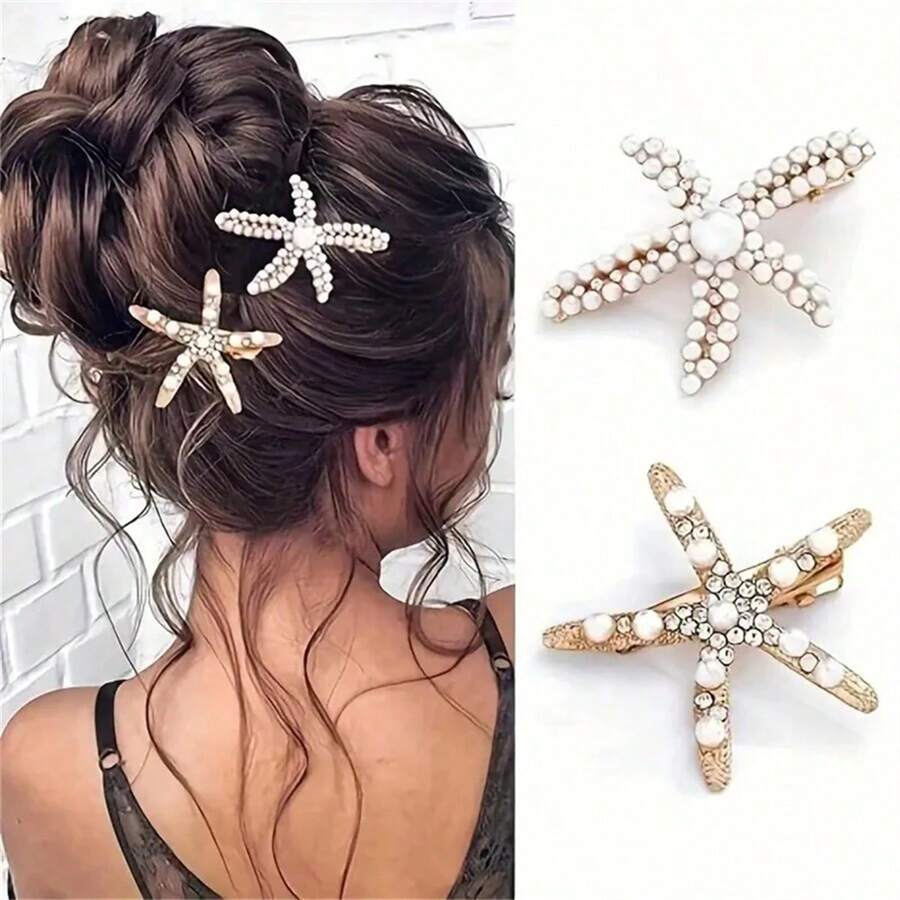 2 chiếc kẹp tóc hình sao biển trang trí giả ngọc trai cổ điển, phụ kiện tạo búi tóc thời trang, phù hợp cho phụ nữ và bé gái sử dụng hàng ngày, kẹp tóc càng cua, kẹp tóc cài đầu, đồ dùng học tập, phụ kiện tóc, phụ kiện đội đầu, kẹp tóc, phụ kiện đi biển, lễ hội, tiệc tùng. - Nhiều màu - Xem 1