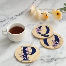 1pc Alphabet Painted Bamboo Coaster, Non-Slip Heat-Resistant Mat, Home Dining Decor, Gift Accessory Set