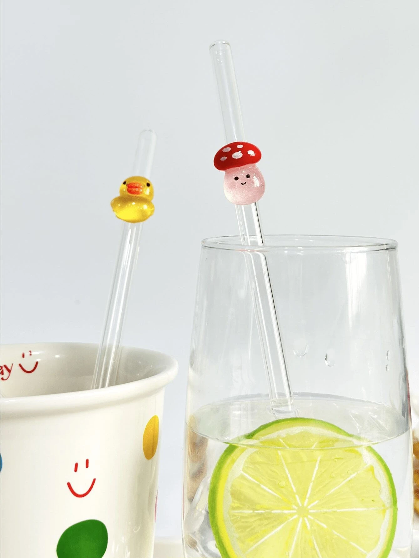1pc Cartoon Mushroom & Duck Shaped Glass Straw With Bent Tip For