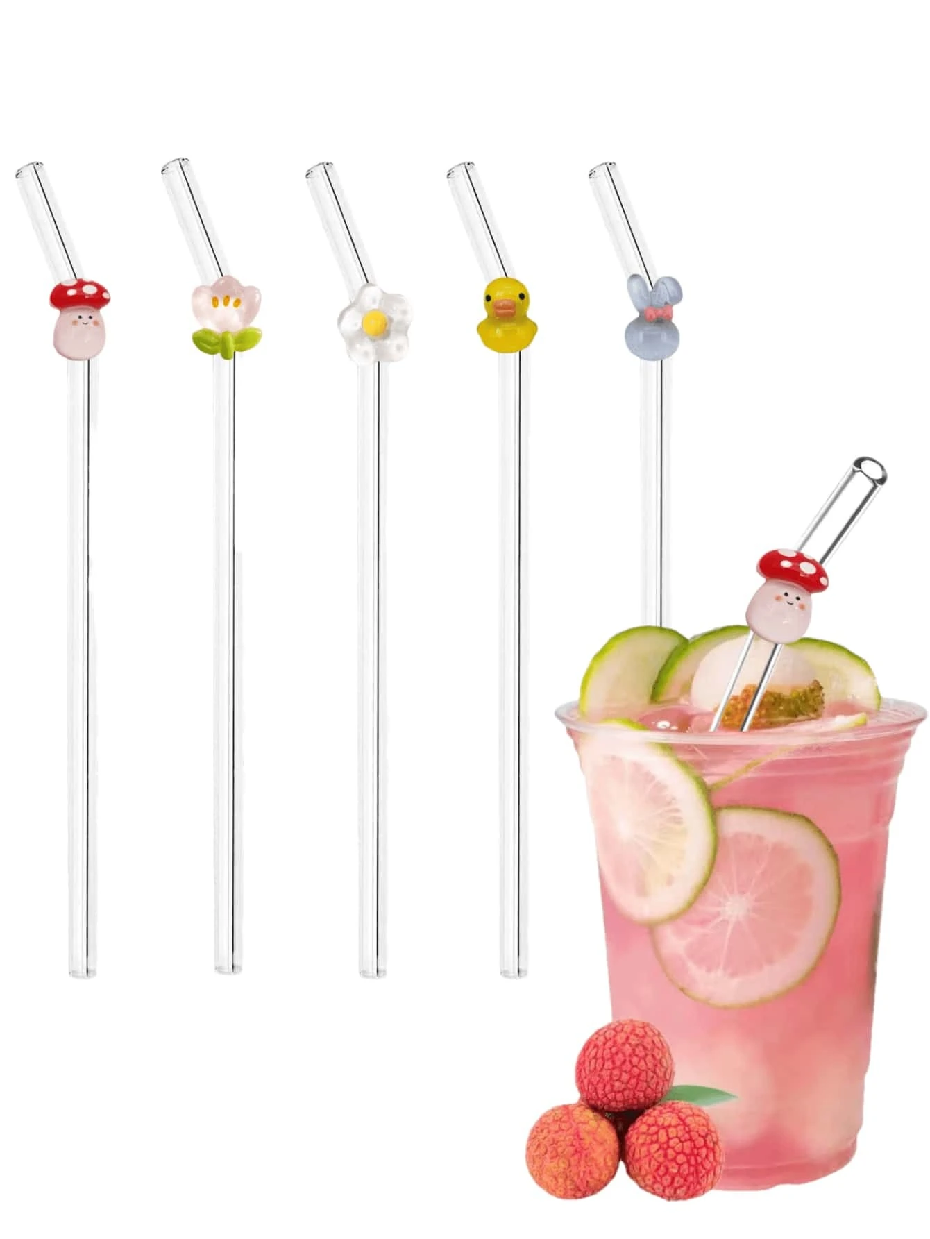 1pc Cartoon Mushroom & Duck Shaped Glass Straw With Bent Tip For