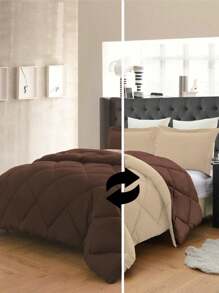 3PC Reversible 2-Tone Comforter Set With 2 Pillow Shams - 2 Different Colors! Duvet Insert - Brown & Taupe - View 1
