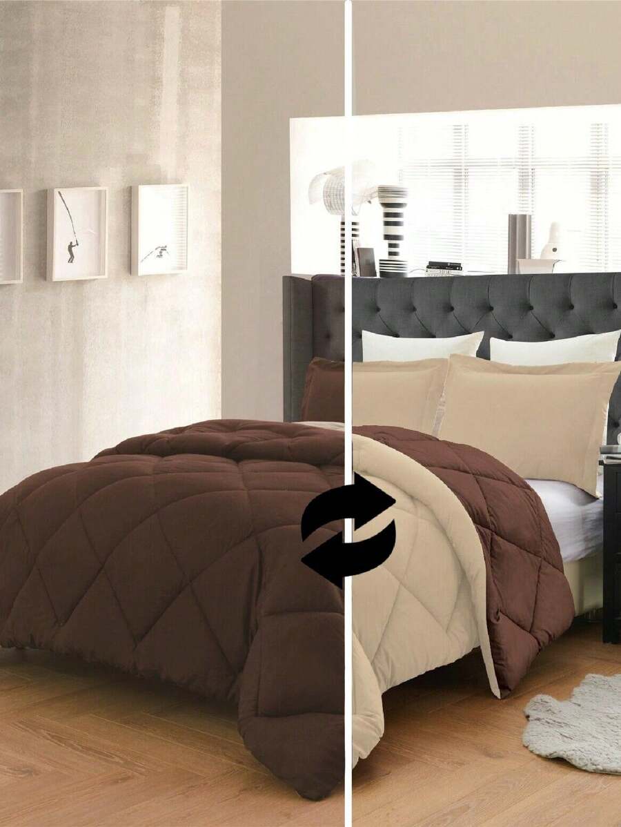 3PC Reversible 2-Tone Comforter Set With 2 Pillow Shams - 2 Different Colors! Duvet Insert - Brown & Taupe - View 1