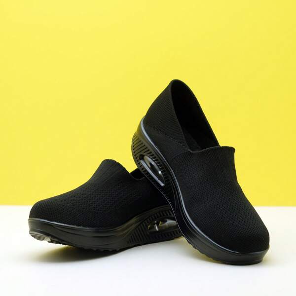 Women's Black Air Cushion Sports Casual Knit Slip-On Sneaker Shoes With Cushioning, Shock Absorption, Slouchy Shoes, Nurse Shoes