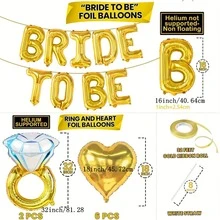 17入組金色鑽石戒指氣球套裝，32英寸超大鑽石戒指鋁箔氣球，金色心形鋁箔氣球，16英寸“新娘”字母愛戒指氣球，適用於婚禮派對氣氛裝飾和照片道具 - 金色 - 查看 2