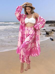 Rusttydustty Floral Print Open Front Coat & Trousers - Multicolor - View 4