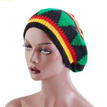女士时尚彩虹条纹贝雷帽，温暖针织帽，有趣而独特的风格，牙买加雷鬼帽冬季秋季 - 印花條紋 - 查看 7