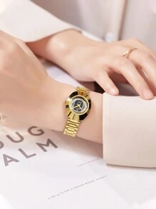 Creative Fashionable Elegant Analog Quartz Wrist Watch With Stainless Steel Strap For Women Golden Watches, Ideal Choice For Gifts - Black - View 4