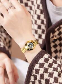 Creative Fashionable Elegant Analog Quartz Wrist Watch With Stainless Steel Strap For Women Golden Watches, Ideal Choice For Gifts - Black - View 5