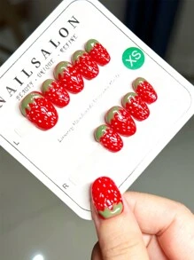 10 pezzi Unghie finte super carine a forma di fragola, accessori per unghie personalizzati alla moda, punte per unghie alla fragola riutilizzabili fatte a mano