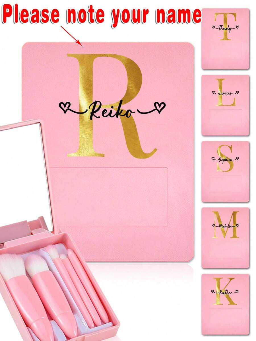 5 Stücke Kundenspezifischer Name mit Spiegel Make-up Pinsel Organizer Box Frauen kosmetische Pinsel Kit Portable Beauty Tools Box Aufbewahrungshalter mit Name Customiz Personalisierte DIY-Muster Reisezubehör Beauty Tool Set Wasserdicht Container Puder Nase Stiftung Auge Wisch Schatten Pinsel für Tasche Geldbörse