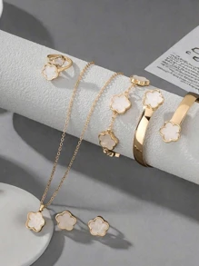 5入組女孩幸運花飾品套裝，包括壓克力手環、手鐲、三葉草項鍊、戒指和耳環 - 白色 - 查看 2