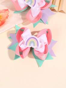 2pcs Colorful Hair Bow Clips For Girls ,Cute Candy Color Rainbow Accessories ,Multi-Bow Satin Ribbon Alligator Clips ,Kids Hair Accessories - Multicolor - View 2