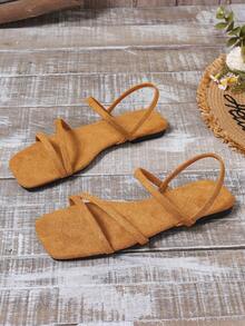 女式大码方头露趾棕色条纹舒适平底凉鞋，带一脚蹬带，进口 - 棕色 - 查看 2