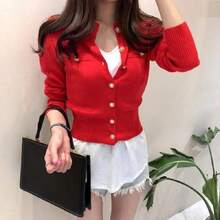 Tops de punto para mujer talla única , blusas manga larga de dama elegantes casuales, blusas tops de mujer de moda slim, chaqueta casual de punto con botonadura sencilla, Adecuado para mujeres que pesen entre 40 kg - 60 kg - Rojo - Ver 2