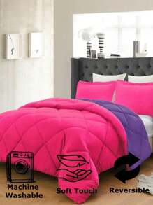 3PC Reversible 2-Tone Comforter Set With 2 Pillow Shams - 2 Different Colors! Duvet Insert - Purple & Hot Pink - View 4