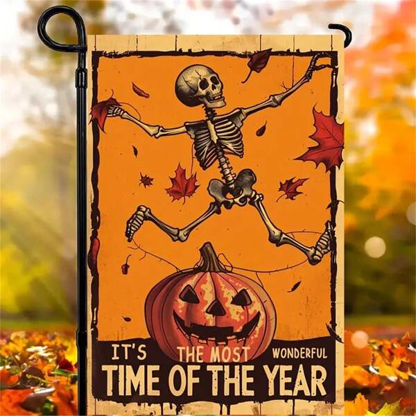 1 pièce Drapeau de jardin Halloween avec crâne et citrouille - Décorations extérieures pour la célébration de l'Halloween - Drapeau en polyester résistant aux intempéries recto-verso - Bannière en toile de jute polyvalente pour porche ou pelouse - 12 x 18 pouces