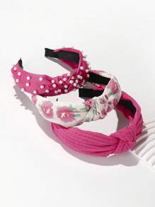3pcs Style Crochet Flower & Solid Color Wide Headband With Faux Pearl For Beach Vacation Boho - Multicolor - View 11