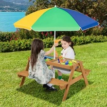 3-In-1 Kids Outdoor Picnic Water Sand Table With Umbrella Play Boxes - Yellow - View 1