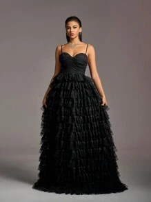 Layered Ruffle Front Mesh Strap Maxi Formal Dress - Black - View 1