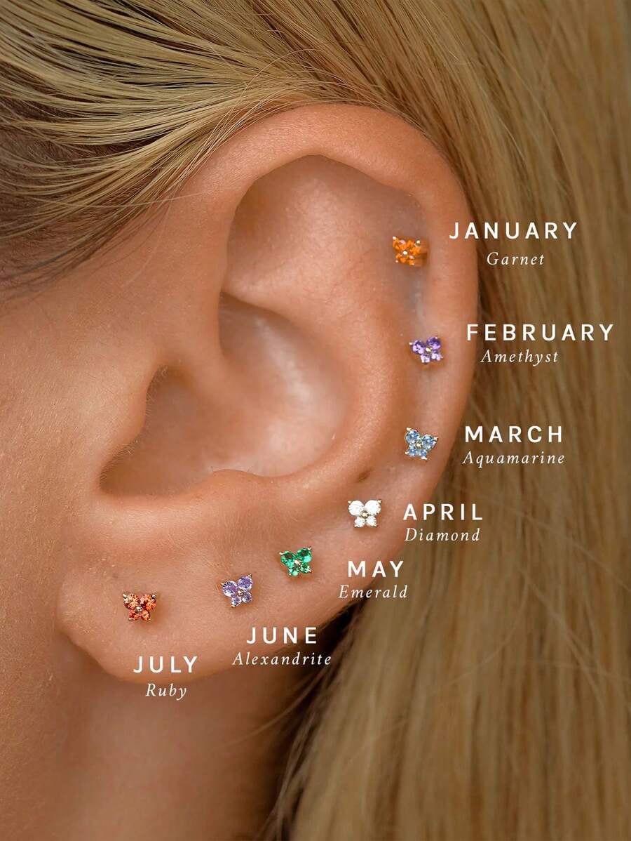 1pair Hypoallergenic S925 Sterling Silver Gold Butterfly 12 Birthstone Decor Stud Earrings For Women Girls