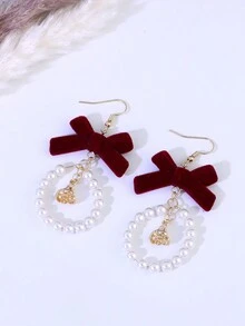 1对新款红色植绒珍珠吊坠耳环，配蝴蝶结和流苏，优雅女士耳环 - 彩色 - 查看 1