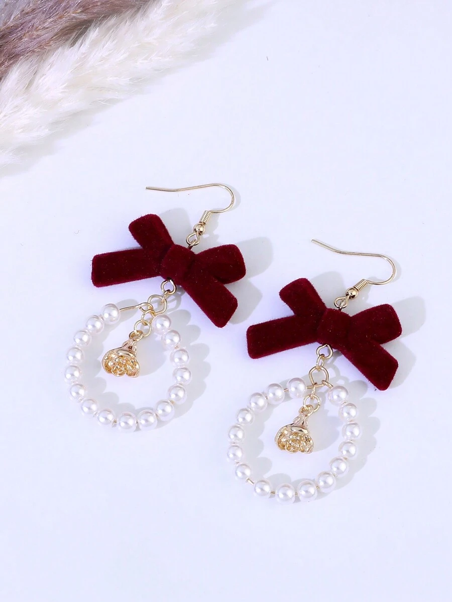 1对新款红色植绒珍珠吊坠耳环，配蝴蝶结和流苏，优雅女士耳环 - 彩色 - 查看 1