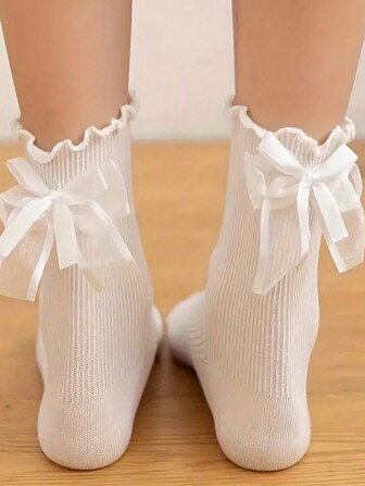 1pair Women's Mid-Calf Socks, Breathable And Comfortable, Simple Style With Ruffle Cuff, Heel Bowknot, Sweet And Lovely, Fresh And Artistic, Spring/Summer