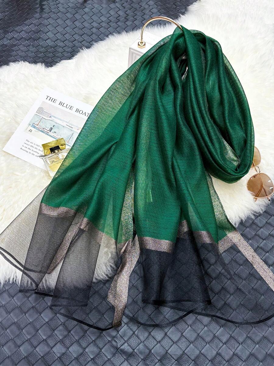 1入組女士綠色純色絲/針織混紡保暖披巾，優雅休閒風格，適用於夜店、旅遊、秋冬季和防曬 - 綠色 - 查看 1