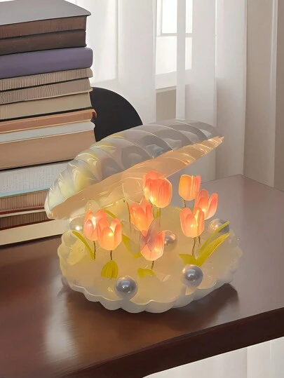 1pc Handmade DIY Creative Gift Seashell Tulip 9 Flower Night Light, Atmosphere Lamp, Home Decor For Living Room, Holiday Decoration, Wall Decor, Camping, Party, Perfect Birthday Present